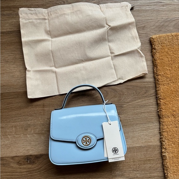 🎄NWT Tory Burch Pale Blue Small Robinson Spazzolato Top Handle Bag - Picture 3 of 11
